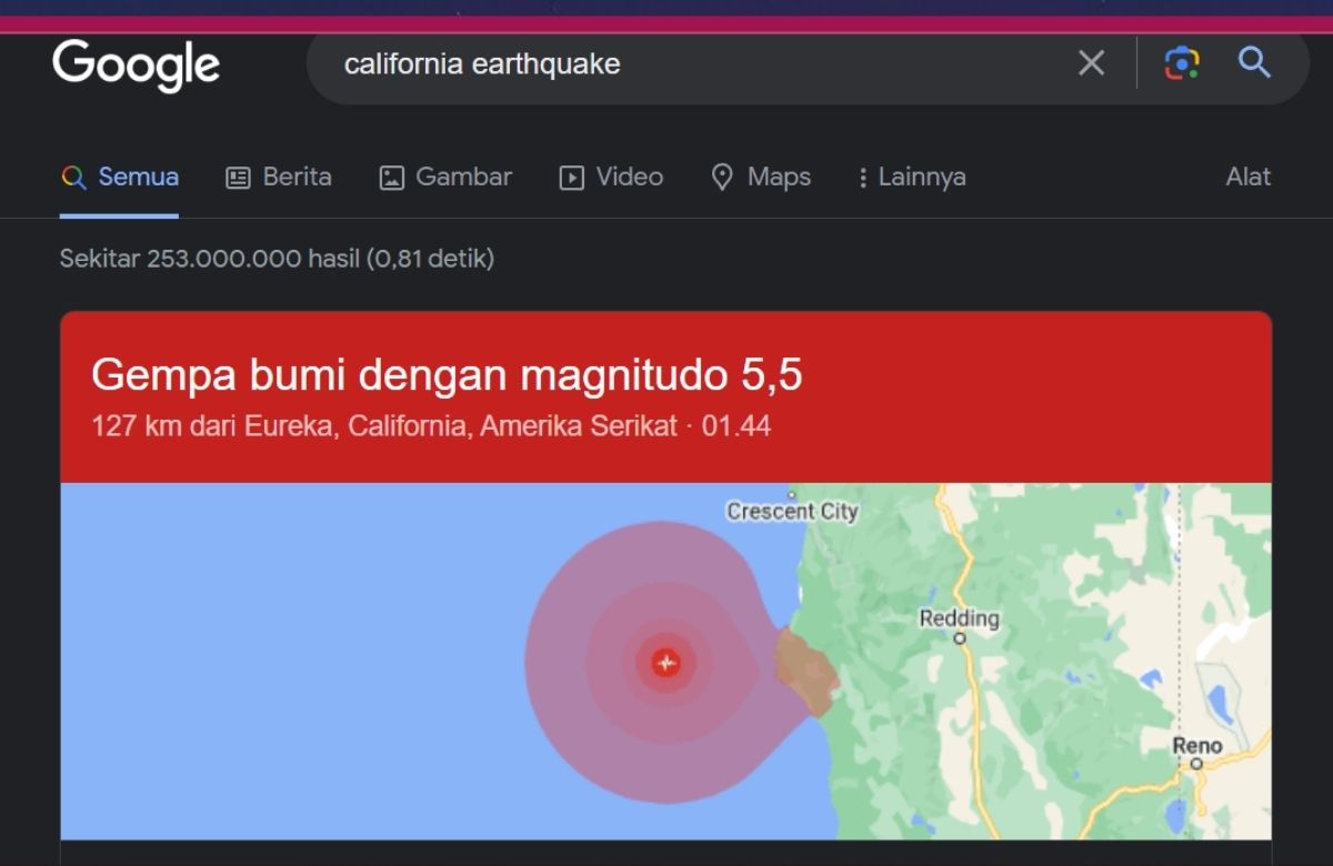 Gempa Berkekuatan 5,5 Guncang Lepas Pantai Wilayah California Utara